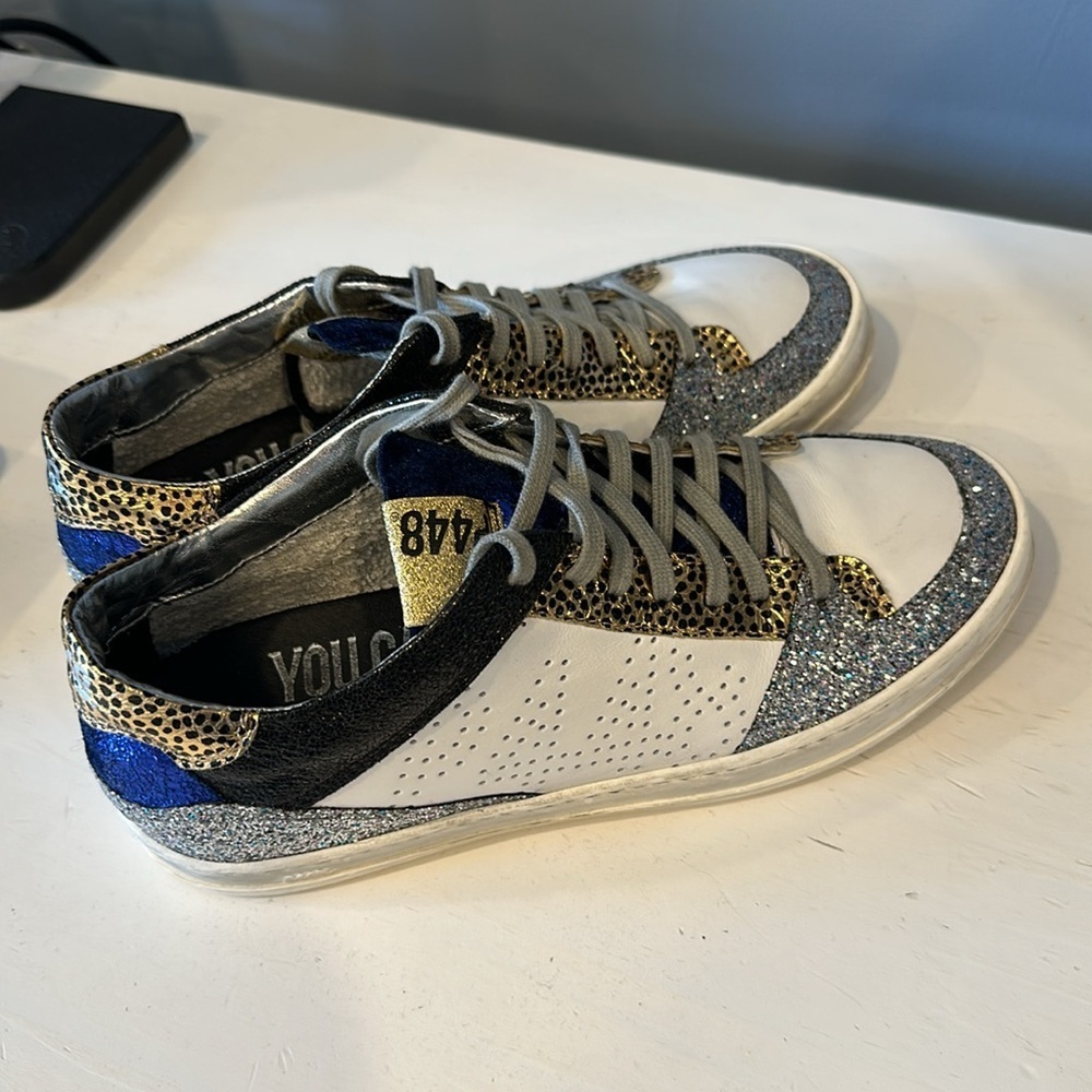 P448 John Sneakers Blue White Gold Leopard 40 - Picture 2 of 8